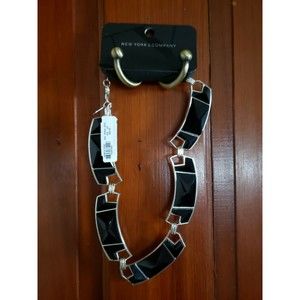 New York & Company Black Statement Necklace Silvertone Chain Modern Jewelry NWT